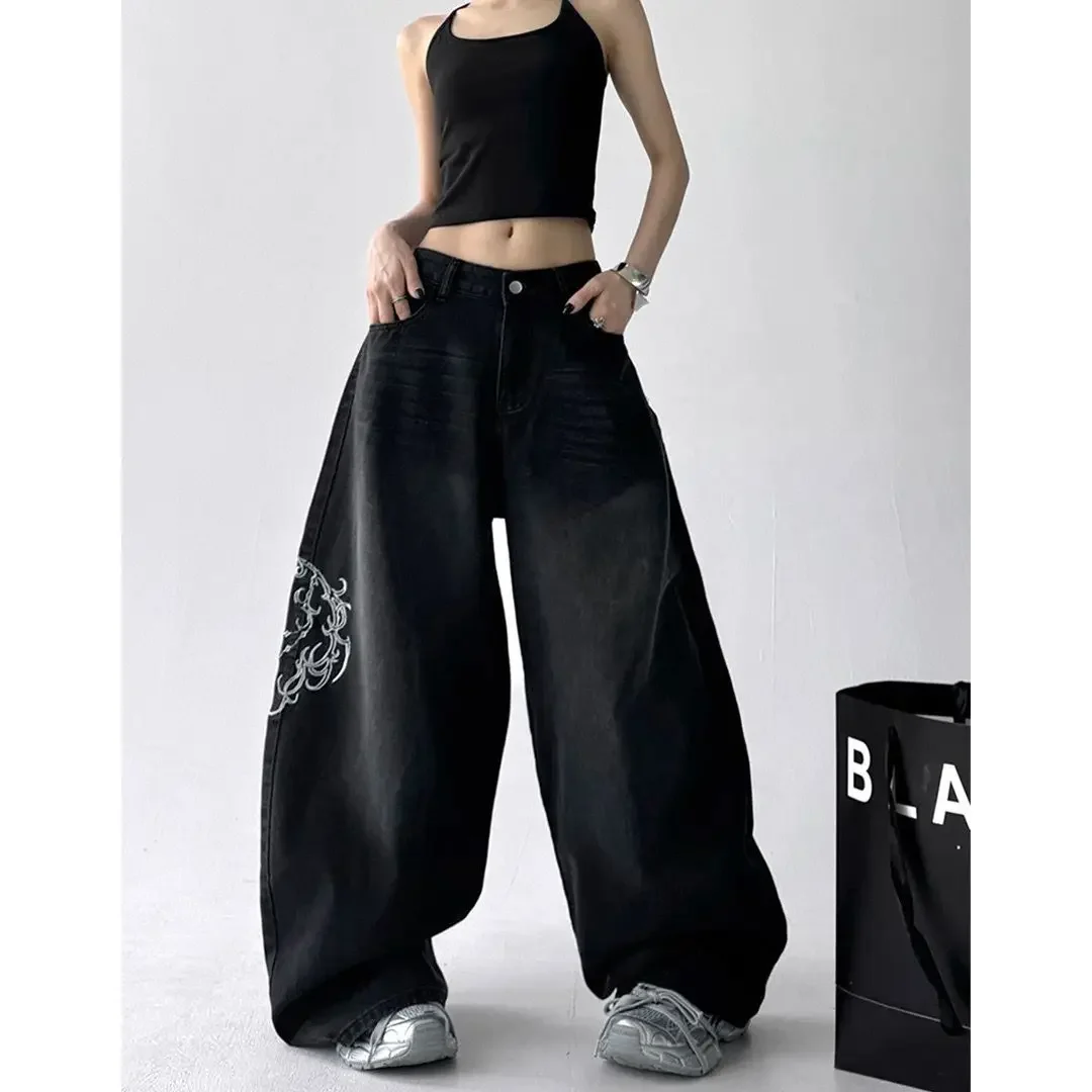 

Vintage Black Y2K 2000s Embroidery Wide Leg Baggy Jeans women High Waist Loose Casual Denim Trousers Streetwear Harajuku Pants