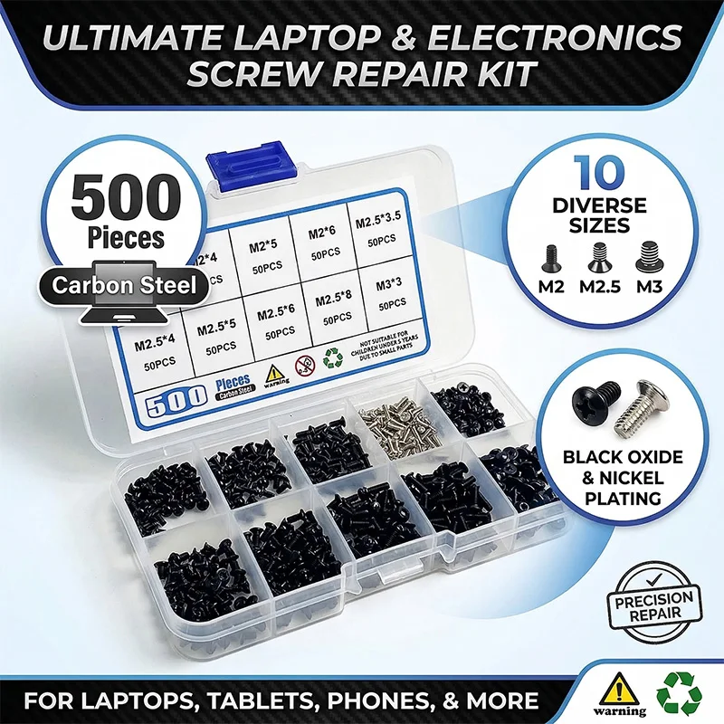 

Набор машинных винтов из углеродистой стали, 500 шт., M2, M2.5, M3, с плоской головкой, крестообразные, маленькие винты для ремонта ноутбуков и компьютеров