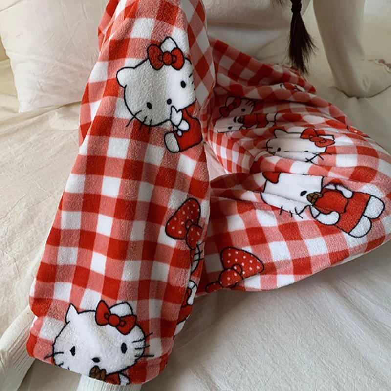 Anime Sanrio Hello Kitty Plush Pajama Pants Kt Cat Coral Fleece Soft Trousers Women Casual Home Trousers Kawaii Keep Warm Pants