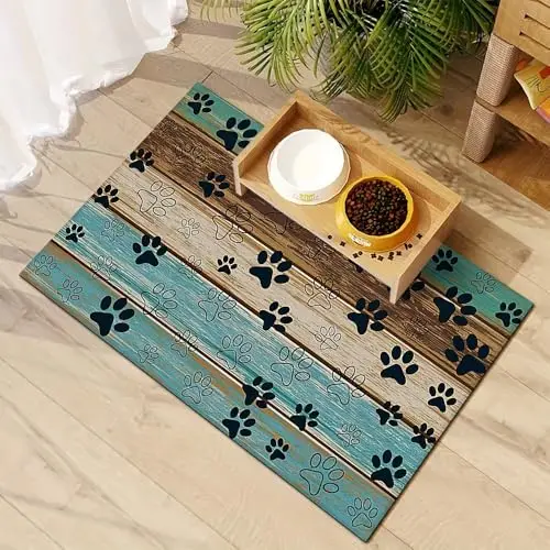 Bathroom Floor Mat Scattered Paws Footprints Printed Textured Panel Stripe Brown Teal Contrast Base for Apartment House Floor
