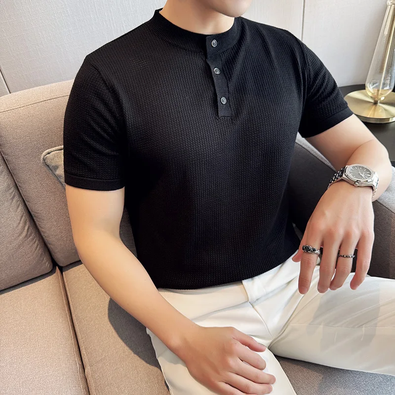 Men\'s Polo Shirt 2024 Summer New Thin Chinese Stand Up Collar Solid Color Knitted Short Sleeved T-shirt Casual Men\'s Clothing