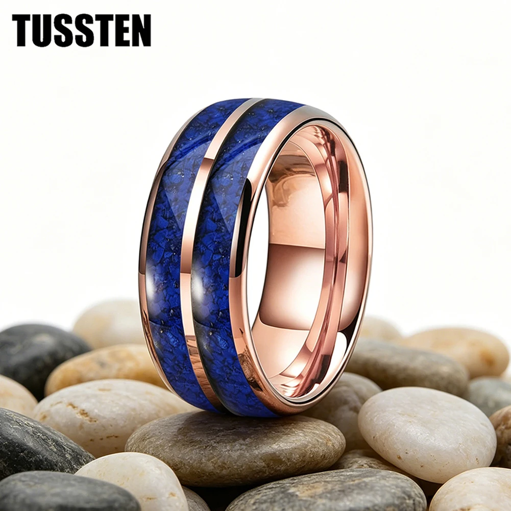 TUSSTEN 6/8MM Men's and Women's Wedding Tungsten Ring Dome Polished Double Groove Inlaid with Lapis Lazuli Comfortable Fit