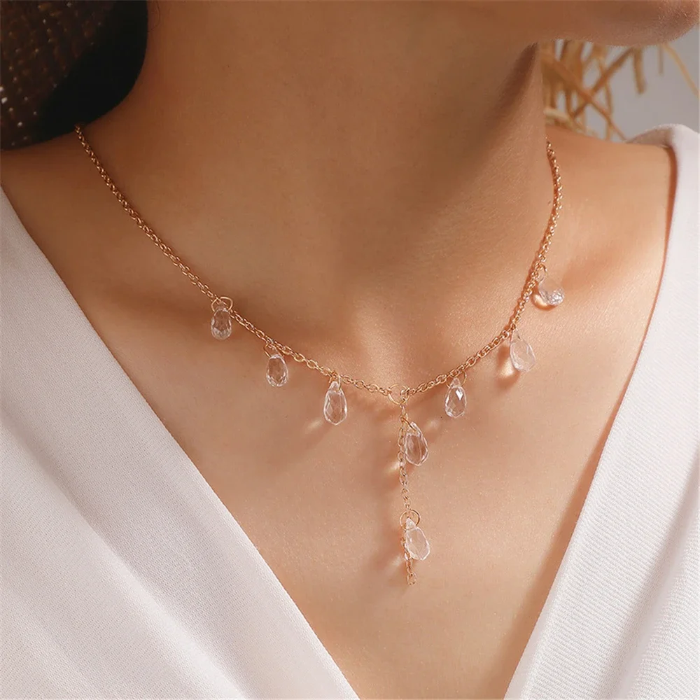 LXY-W New Fashion Simple Gold Plated Tassel Water Drop Crystal Necklace For Women Vintage Chain Sweet Choker Girl's Jewelry Gift