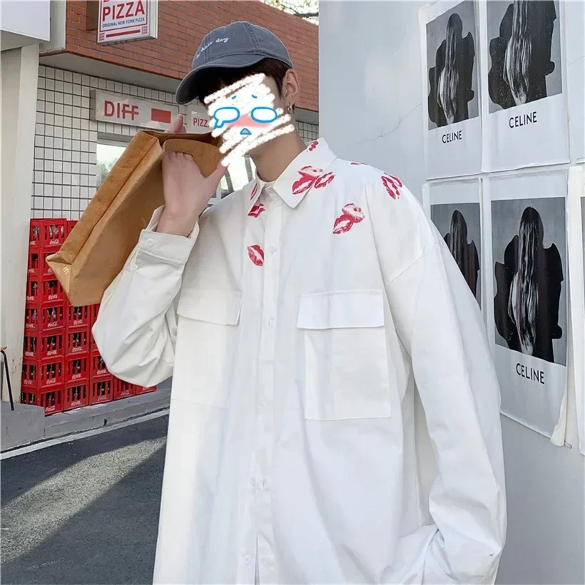 

Lipstick Print Shirts Men Handsome Casual Design Japanese Harajuku Korean Summer All-match Teens College Men Clothes Streetwear