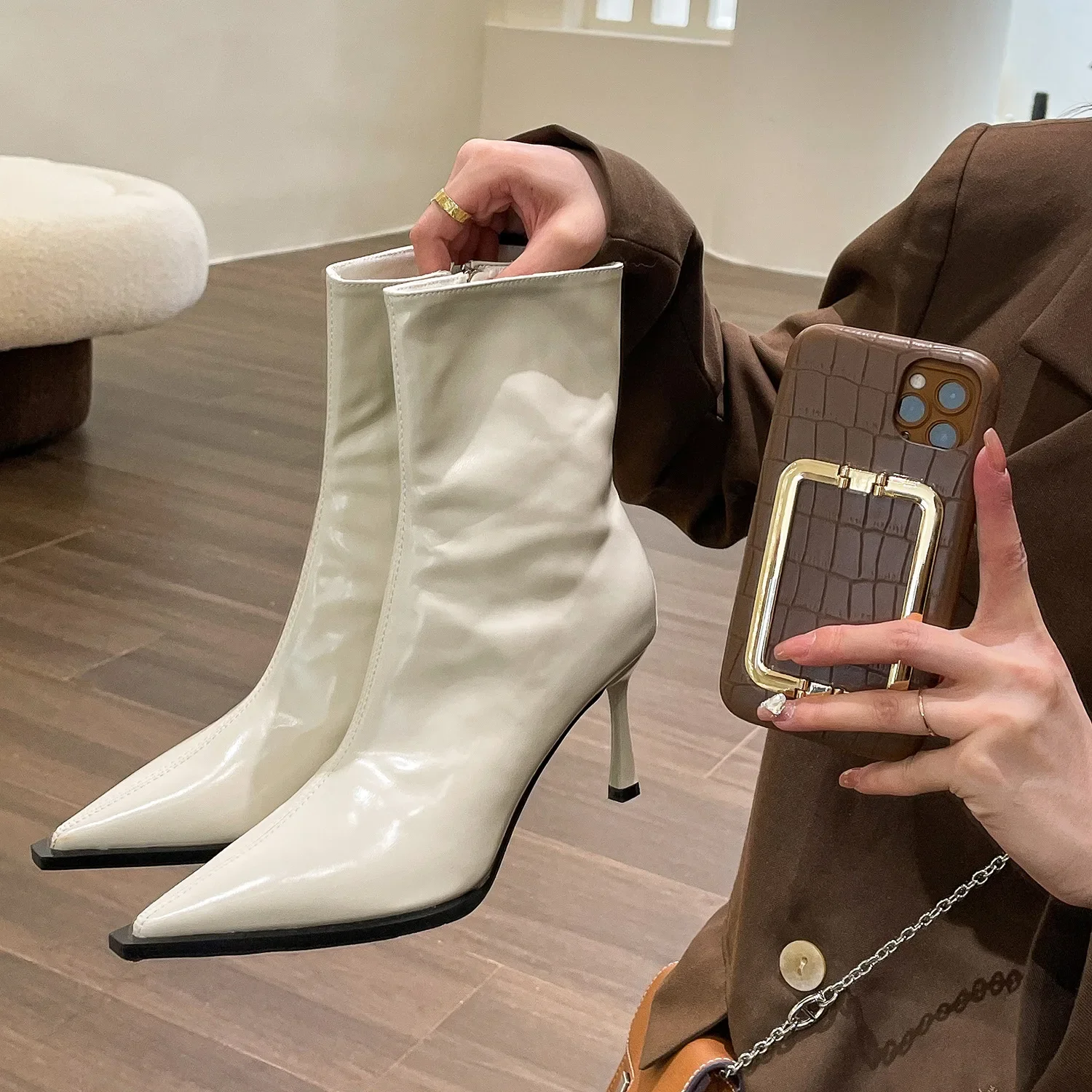 Women\'s Boots Autumn Boots-Women Winter Footwear Shoes Zipper Luxury Designer 2024 Ankle High Heel Leather Rubber Fashion