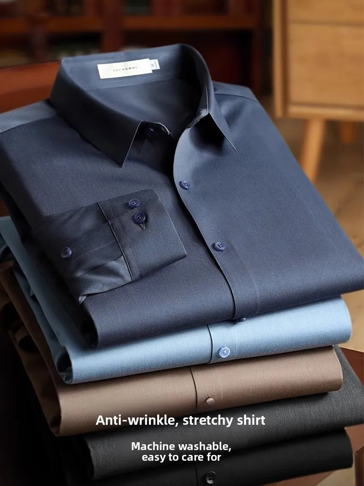 

Вязаная бесшовная рубашка для мужчин, повседневная, с длинным рукавом, с заостренным воротником, для делового и официального стиля, машинная стирка, не требует глажки.