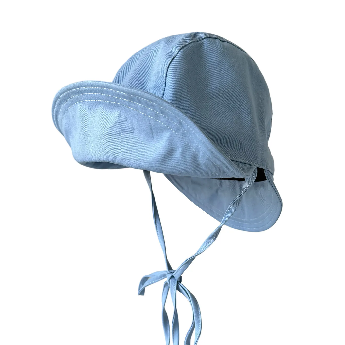Korean Fresh Blue Women Bucket Hat, Foldable Double Brim Round Fabric Sun Hat with Strap for Summer Outdoor Use