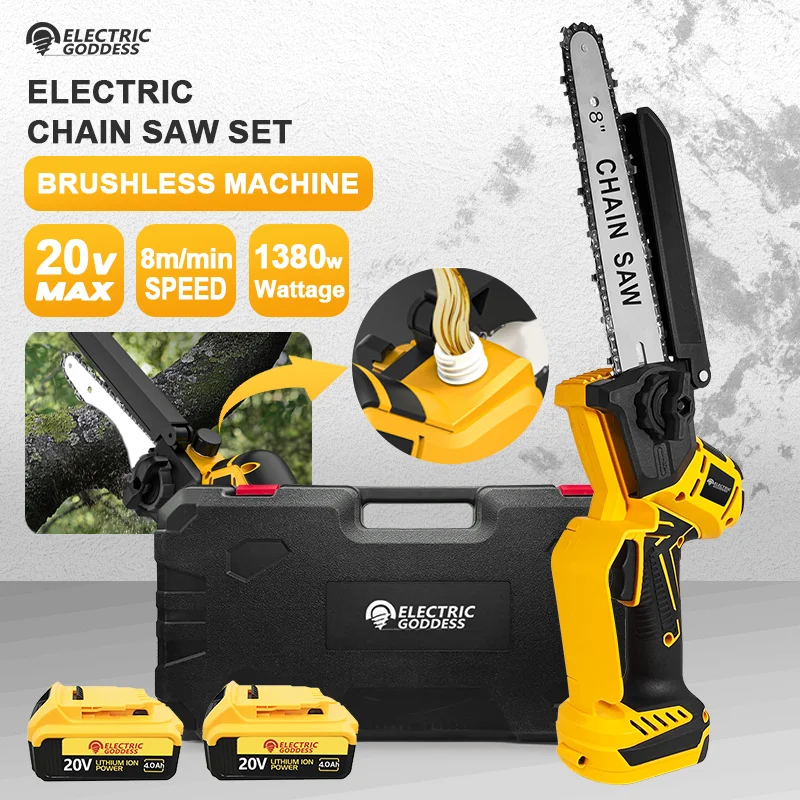 EGOD 8-Inch 1380W Cordless Electric Garden Chain Saw Wood Saw Home Pruning Li-ion Battery Saw Power Tools For Dewalt 20V Battery