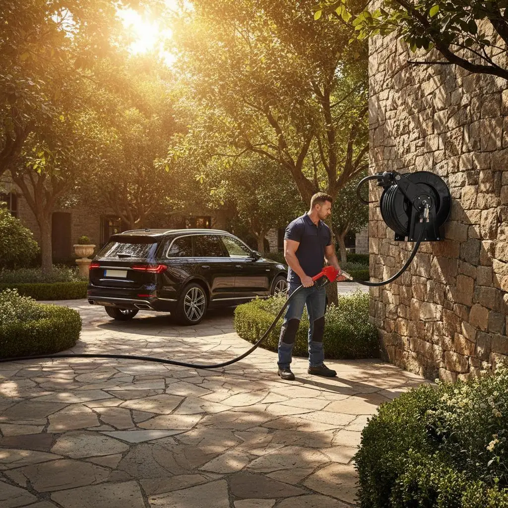 

Катушка для топливного шланга, 1 дюйм x 50 футов, сверхдлинная выдвижная катушка для дизельного топлива, сверхпрочная конструкция из углеродистой стали с автоматической подачей топлива