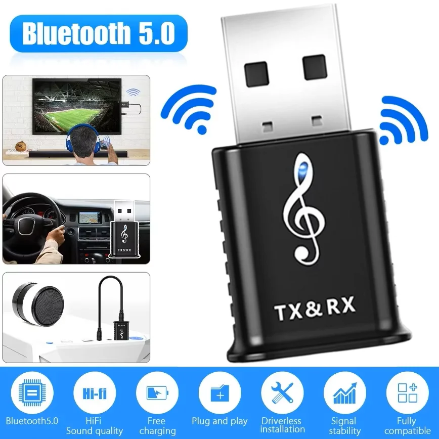 2-IN-1 USB Bluetooth 5.0 Adapter 3.5MM Jack AUX Bluetooth Audio Transmitter Receiver Adapter for Car PC Laptop Speaker Amplifier