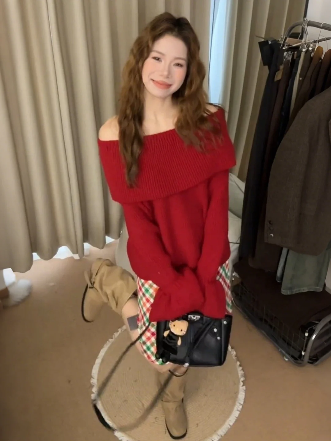 

Красный одноразовый свитер с откидным воротником, женский осенне-зимний вязаный топ с плечами, новогодний праздничный наряд, корейский...