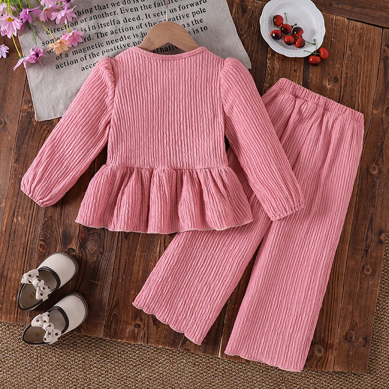 Little Girls Solid Pink Wrinkle Fabric Matching Outfit, Round Neck Ruffle Hem Top Loose Flared Trousers Casual Spring Kids Suit