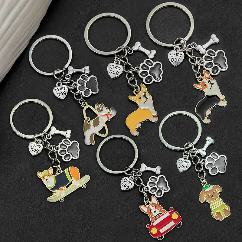 Cute Driving Puppy Keychain Cartoon Corgi Dog Claw Skateboard Pendant Keyring Creative Backpack Car Key Accessories Couple Gift