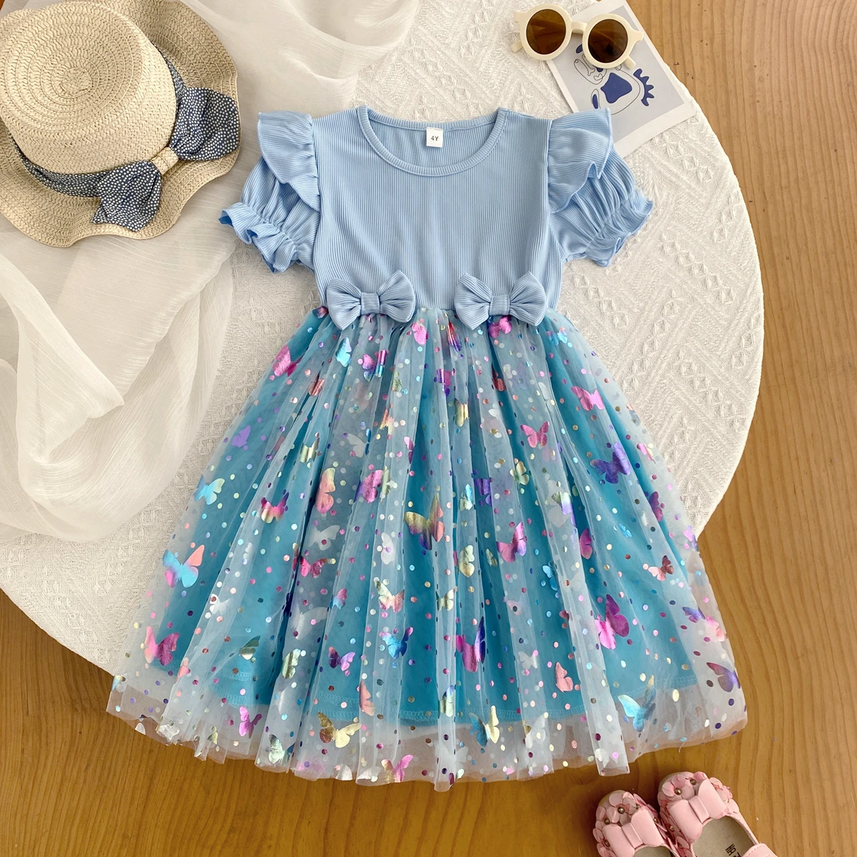 Vestido de Princesa para Meninas, Vestidos de Verão em Tricô com Patchwork Colorido e Mangas de Tule Borboleta