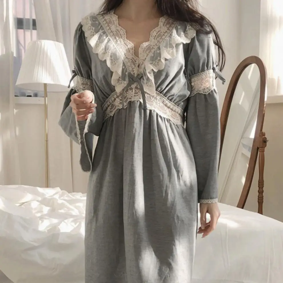 Vintage Nightgowns Women Autumn Lace V-neck Pajamas Dress Long Homewear Home Outside Casual Gray Loose Nightgown Sleeping Woman