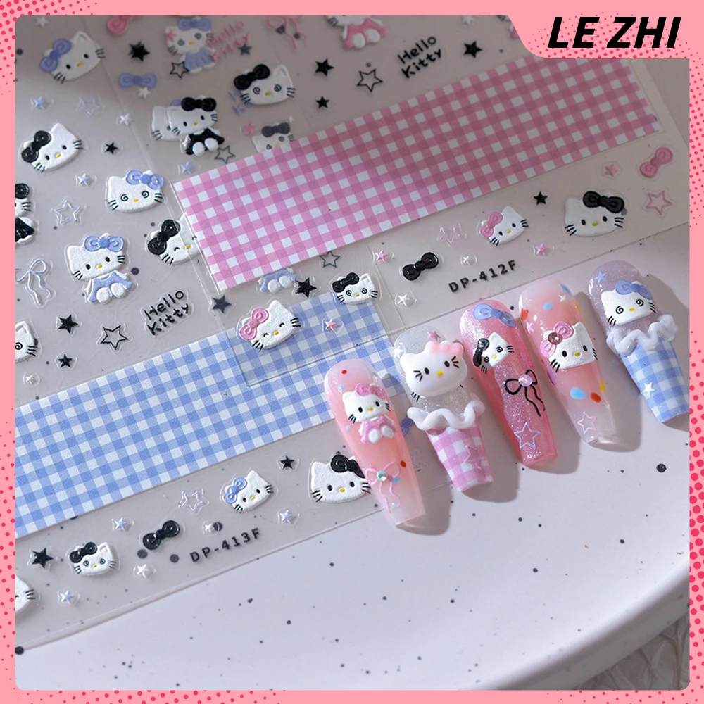 1Pcs Hello Kitty Animation Nail Art Party Sticker Cute 5D Relievo Lattice Pink Bow Party Nail Sticker Art Decoration Girl Gift