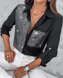 Sexy Elegant Blouses 2024 Autumn Fashion Roll Tab Sleeve Button Down Contrast Sequin Shirt Temperament Commuting Women's Top