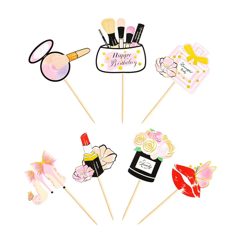 Perfumy Szminka Pędzel do makijażu Topper na tort Urodziny DIY Topper na babeczki Flagi Kwiaty Dekoracje do pieczenia ciast