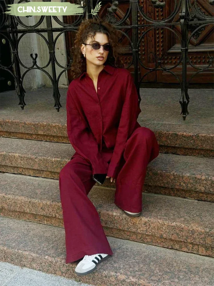 

Solid Cotton Linen Shirt Pants Suit Women's Casual Daily Lapel Long Sleeved Top Bottom Two-piece Set 2025 New Summer Streetwear