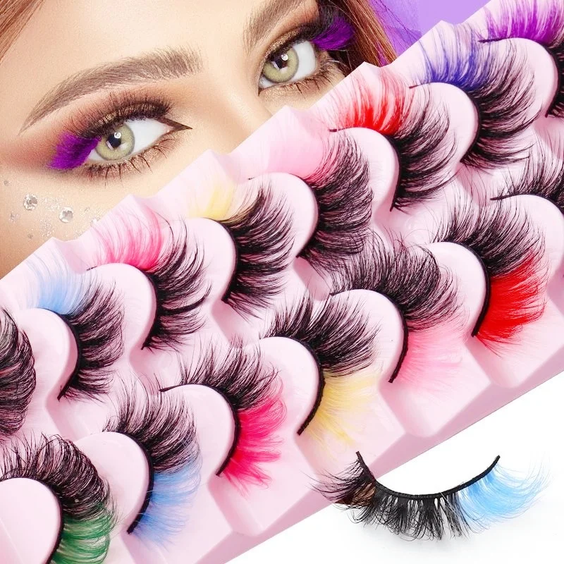 7 Pares de Pestañas Postizas Coloridas - Rizo Ruso en Longitudes Variadas, Gruesas y Finas, Mezcla Multicolor para Look de Ojo d