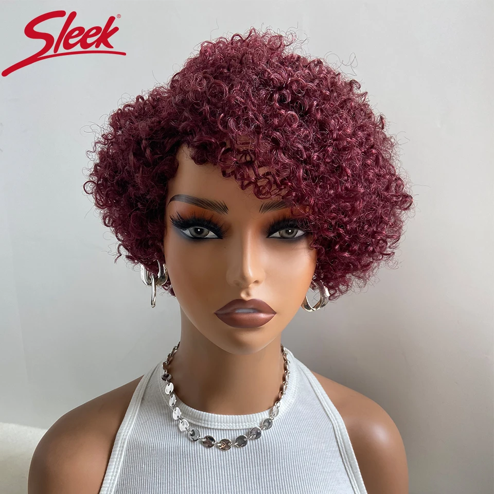 

Sleek Short Curly Human Hair Wigs For Women Short Pixie Cut Afro Kinky Curly Wigs 99J Red Colored Remy Brazilian Hair Wigs