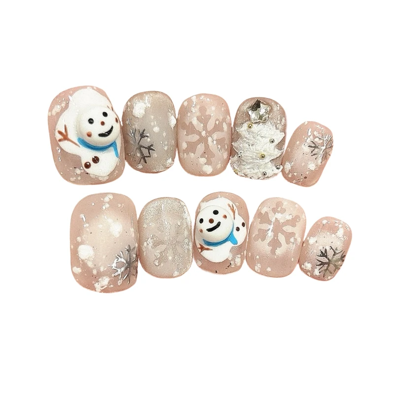 10 Pieces Winter Theme Cold Vibes Handmade Press On Nails Cute Snowman Snowflake White Christmas Tree Art Fake Nails