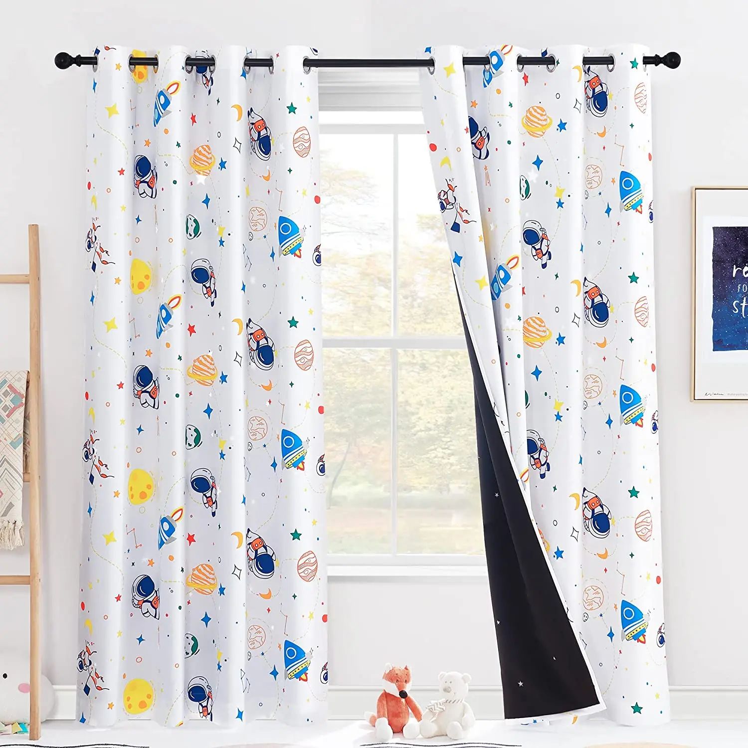 Kids Boys Blackout Star Cutout Curtains for Bedroom Astronaut Space Pattern Window Curtains (W52 x L84 inches, Bule, 2 Panels)