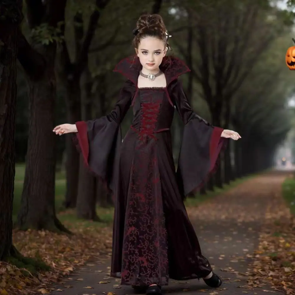 レトロなスタンドカラーのハロウィン服、レースアップの面白いハロウィン魔女ロングドレス、ベルスリーブパーティー、子供用中世プリントドレス