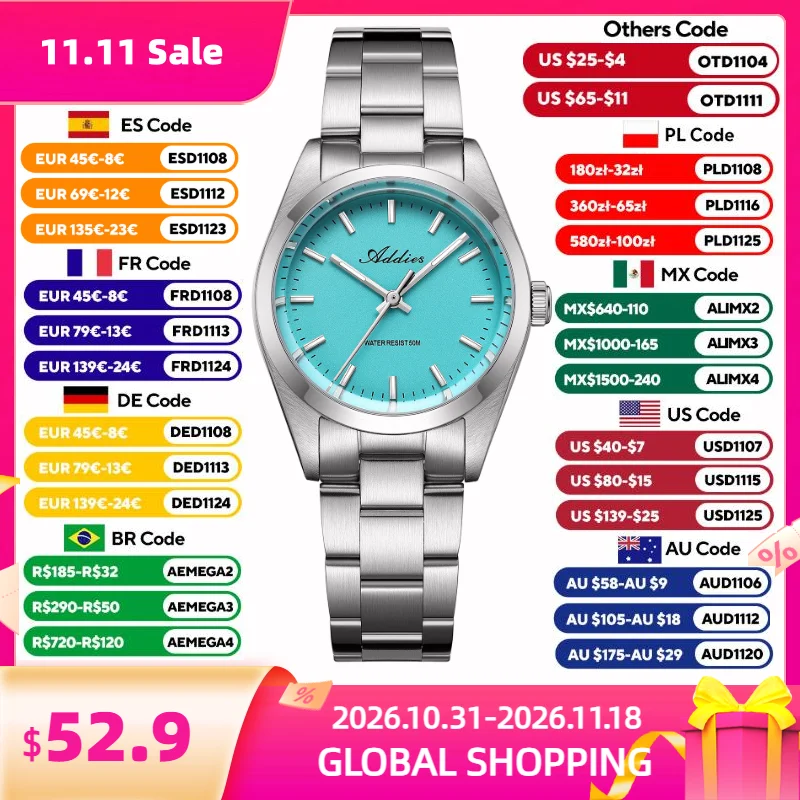 ADDIES Luxury Brand Women Watch 31mm Japan 2035 Ladies Quartz Steel Watches Luminous 50m Waterproof Sapphire Glass Wristwatch