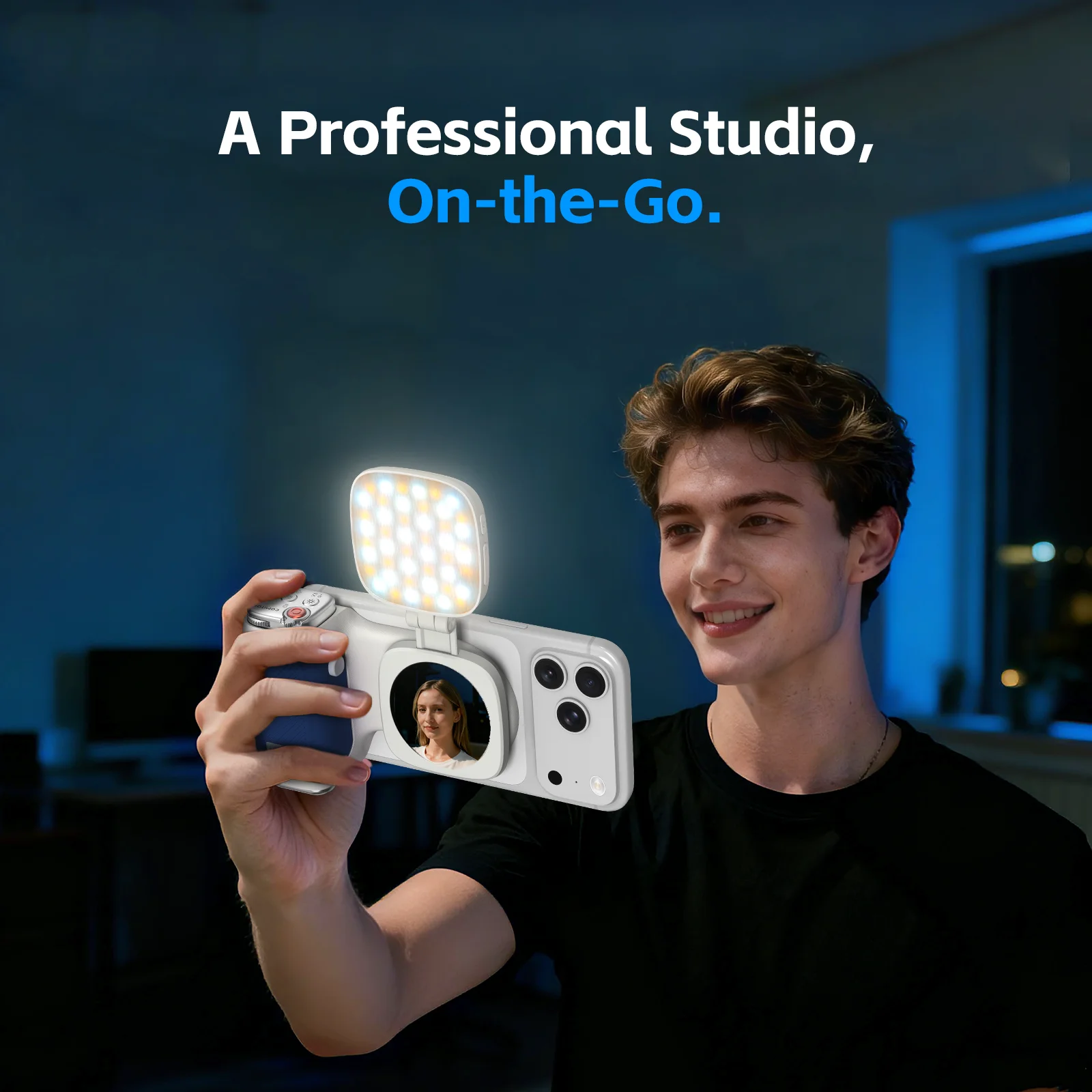 قبضة إطلاق مريح من COMITOK MOCA لهواتف iPhone، قفل التركيز/مصراع DSLR، جهاز تحكم عن بعد قابل لإعادة الشحن + مرآة اختيارية/إضاءة ملء