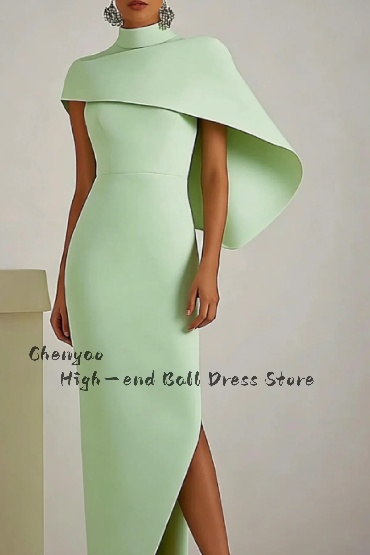 TIANTIAN Customized Sage Green Chic Party Wedding Prom Dress High Neck Cape Asymmetric Maxi Dress robes de soirée view 3