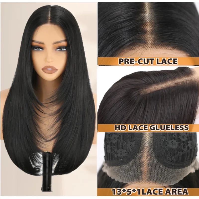 Pruik met synthetische kant, lang recht, met omgedraaide uiteinden, gestreept haar, dames, lijmloos, voorgeplukt, middendeel, hittebestendig