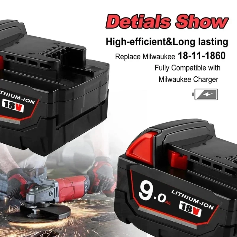 Imagem -03 - Substituição Recarregável da Bateria de Lítio para Milwaukee M18 xc 18v 9.0ah 4811-1860 48-11-1850 48-11-1840 48-11-1820