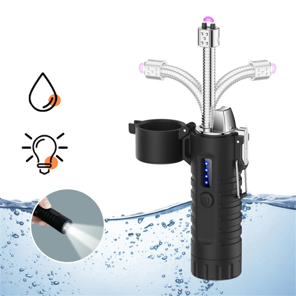 Outdoor Flashlight Waterproof Cigarette Lighter Retractable 360° Rotating Hose Type-C Rechargeable Electric Arc Lighter Men Gift