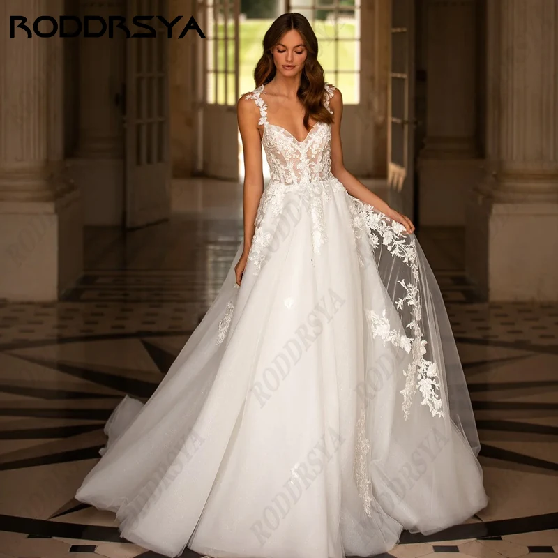 RODDRSYA Sexy V-Neck Backless Wedding Dress For Women Romantic Tulle  Spaghetti Straps Bride Party A-line Sleeveless Bridal Gown