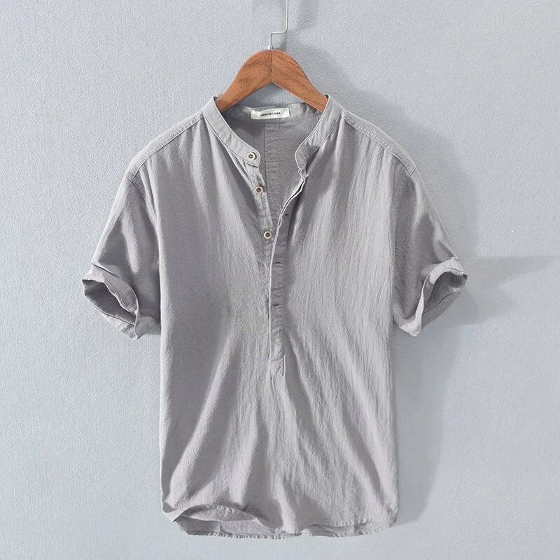 

Cotton Linen Men's T-Shirt Short Sleeve Stand Collar Shirt Artistic Style Citywalk Summer Fashion White Shirt