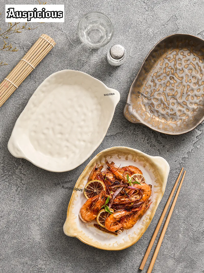 Kiln-turned Double-ear Ceramic Serving Plate Soup Plate Fruit Dishes Serving Tray Dish Fish Pasta Steak Tray Hotel Dishware