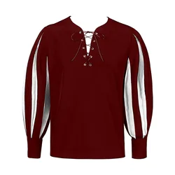 Men's Shirt Gothic Dark Contrast Lace Up Top Casual Vintage Medieval Renaissance Loose Soft Clothes Long Sleeve Male