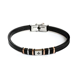 Runda Men's Black Leather Bracelet with Nautical Compass Stainless Steel Chain Adjustable 22cm Genuine Leather Accessory