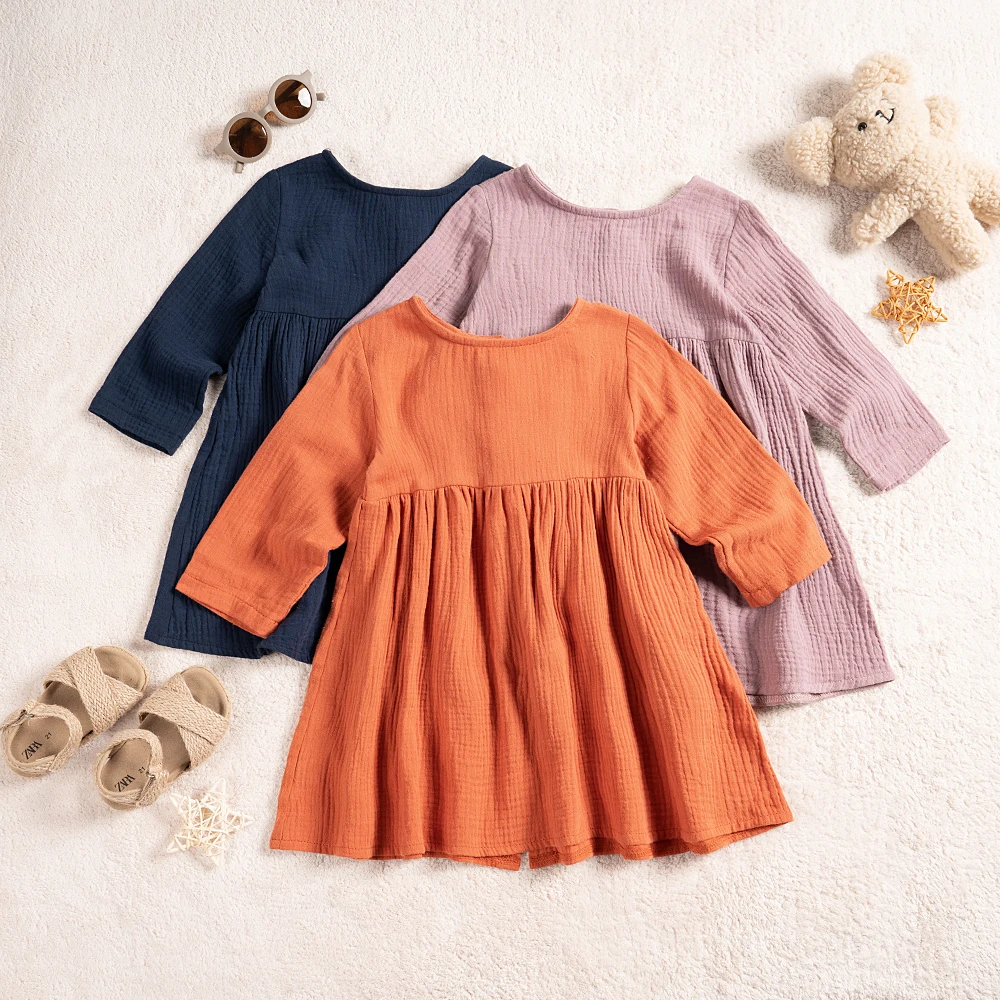 Toddler Girls Fall New Cotton Dresses Fashion Casual Dresses Children\'s Solid Color Long-sleeved Three Colors To Choose From