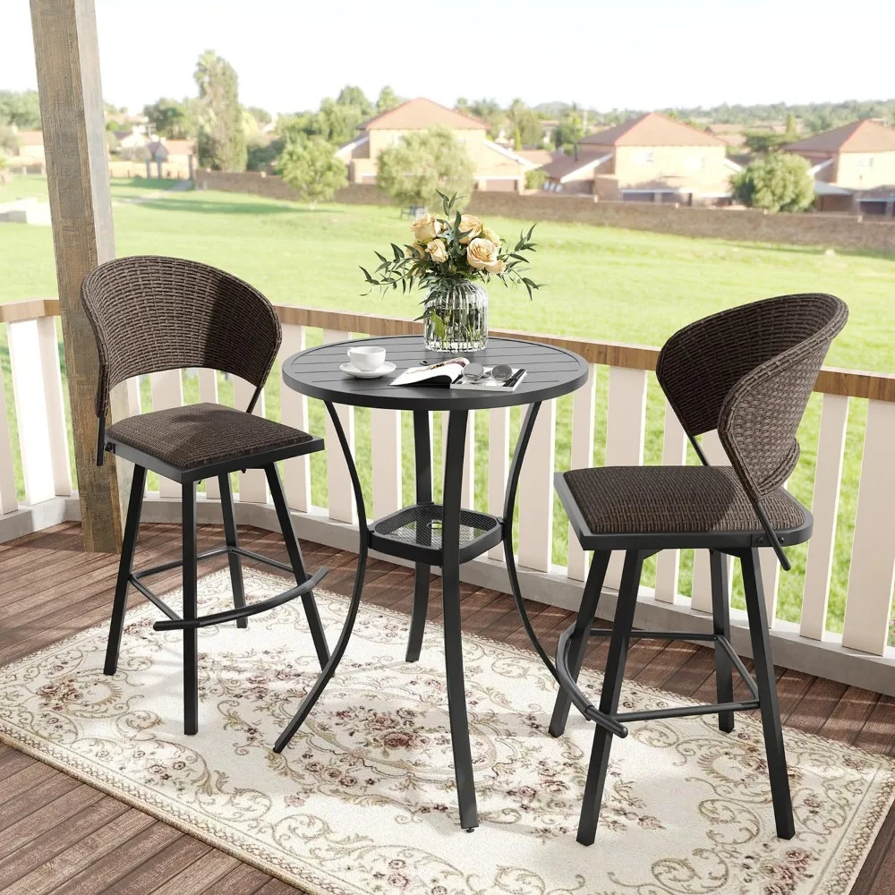 

3 Pieces Patio Bar Set for Lawn Garden, 28" Bar Height Metal Table and 2 Wicker Outdoor Swivel Outdoor Bar Stools