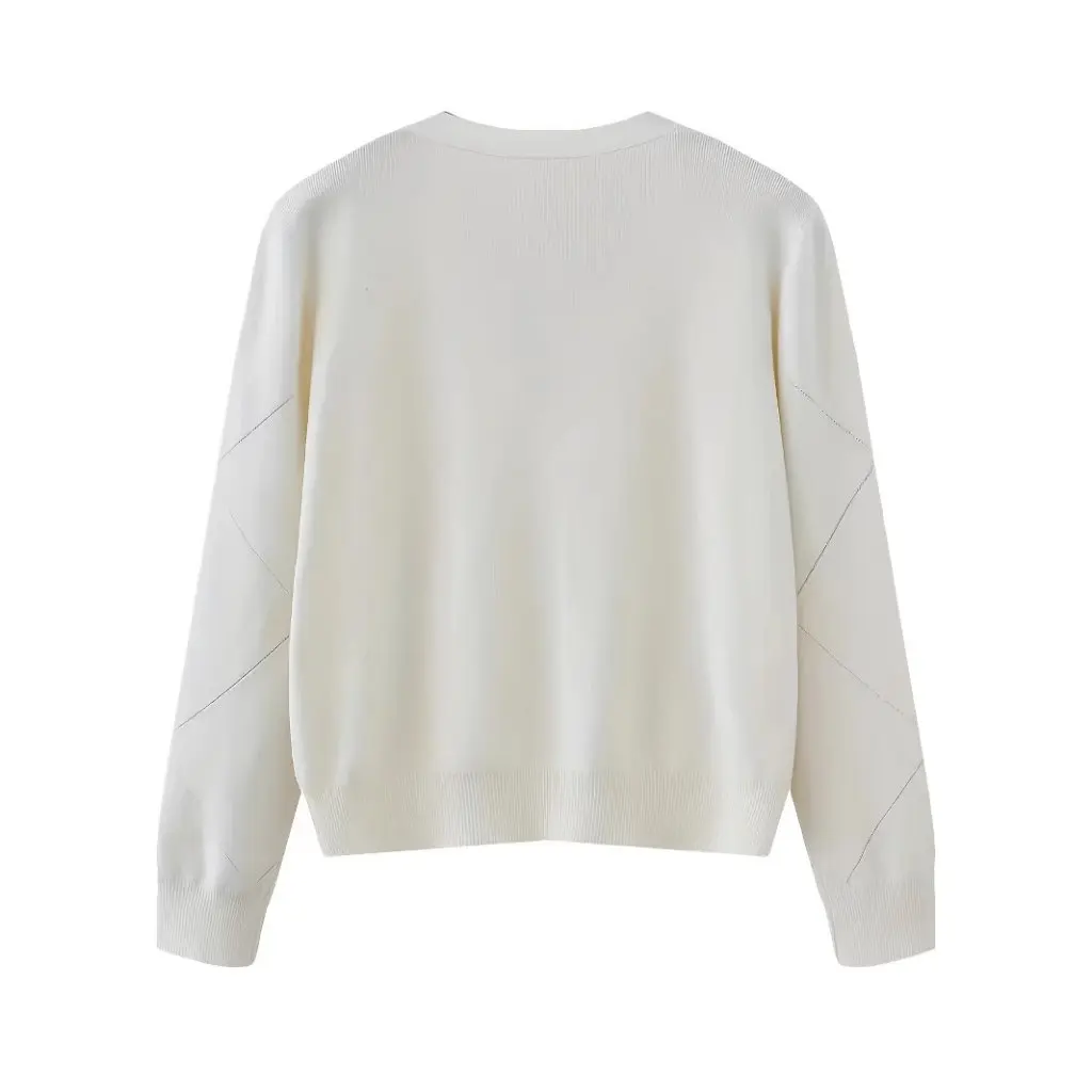 

Women's White Diamond Stripe V-Neck Knitted Cardigan Long Sleeve Casual Korean Style Independent Platform