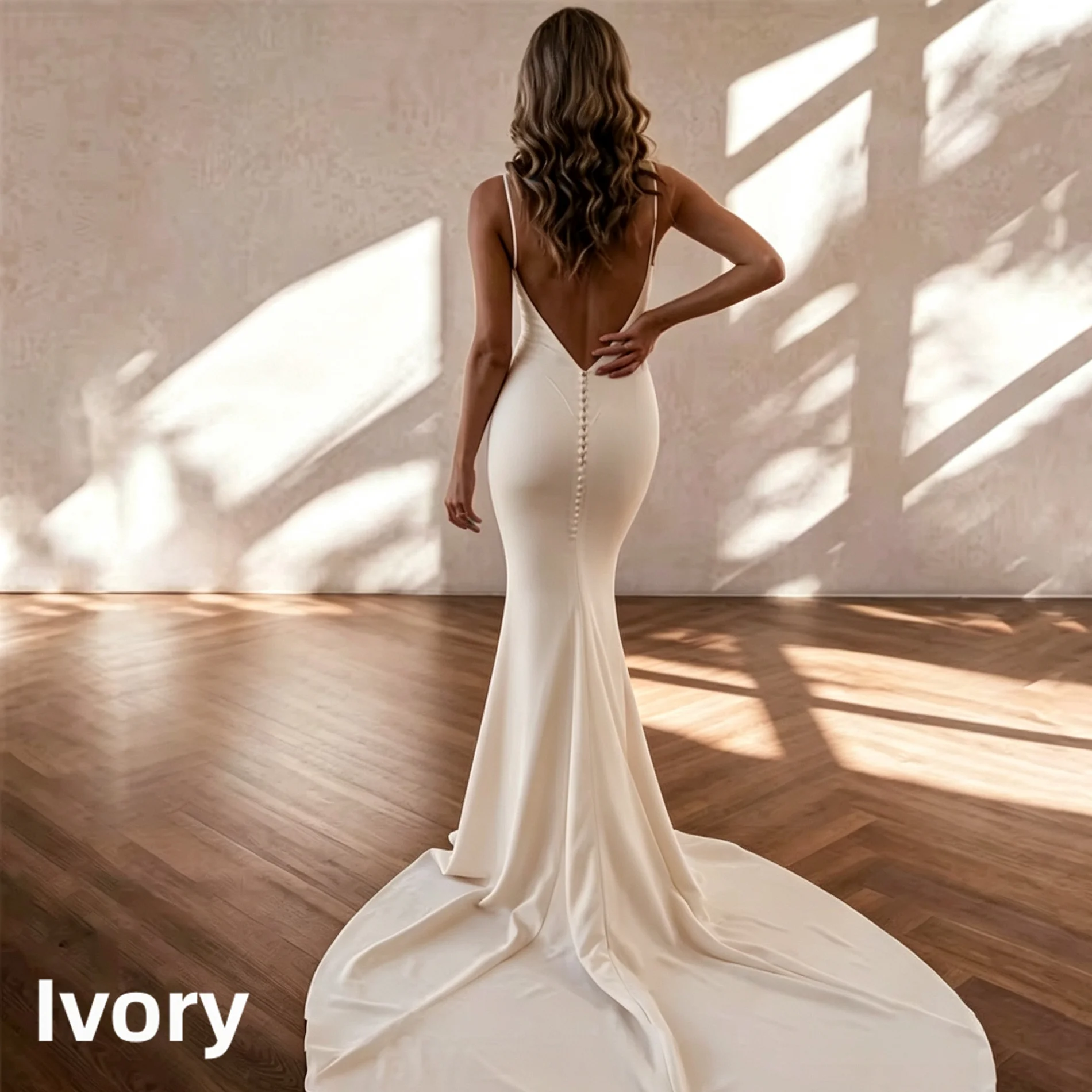 Spaghetti Straps Satin Mermaid Wedding Dress Deep V Neck Open Back Bridal Gown Pearl Veil Long Train Simple Civil Bride Dress
