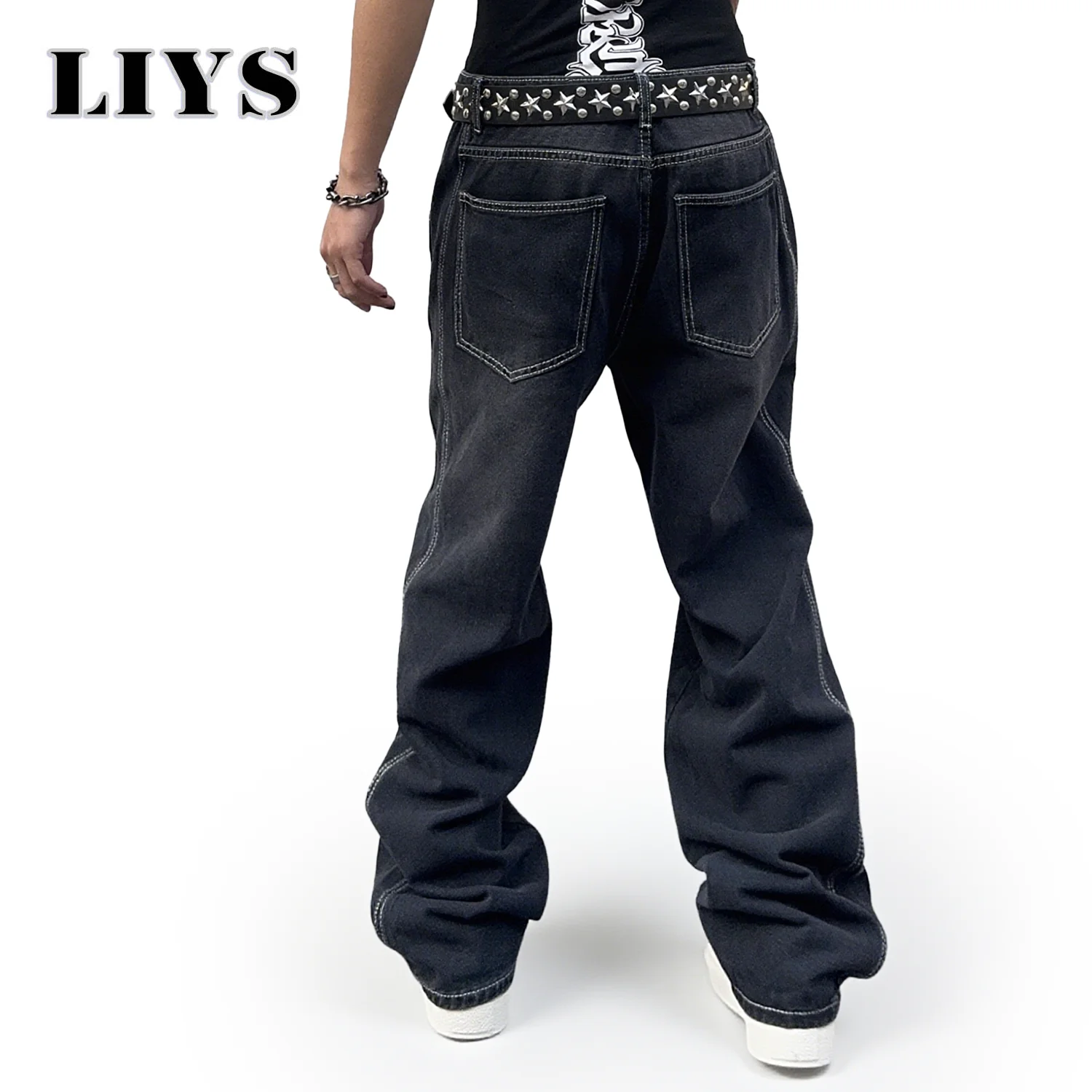 American Men's Black Baggy Street straight-Leg Jeans Spring New Casual Loose Wide Leg Denim Pants Daily Versatile Men's Pants