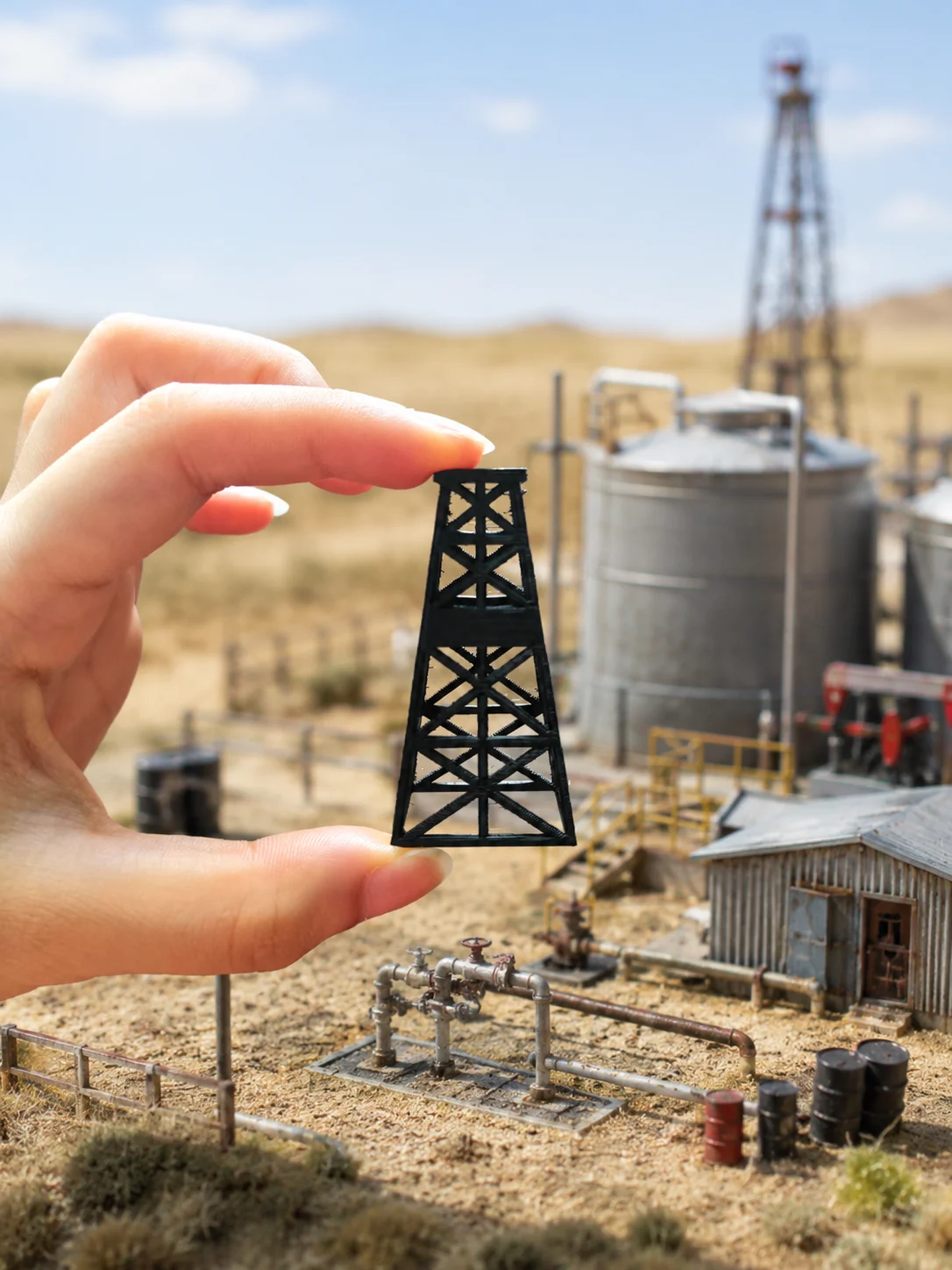 Miniature Oil Well Frame Oil Storage Barrel Set, Mini Industrial Petroleum Equipment Model, Collection for Miniature Enthusiasts view 5