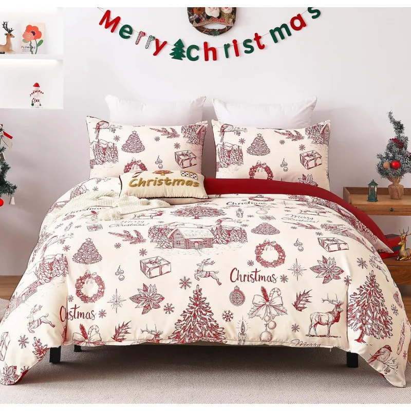 

Christmas duvet cover extra large bed 3 pieces red duvet cover with reindeer snowflake farmhouse soft includes 2 pillowcases