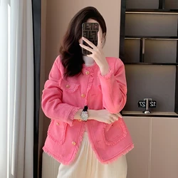 Elegant Fashion Pink Tassel Tweed Pockets Outwear New High Quality Autumn Single Breasted Fringe Long Sleeve Jackets For Women