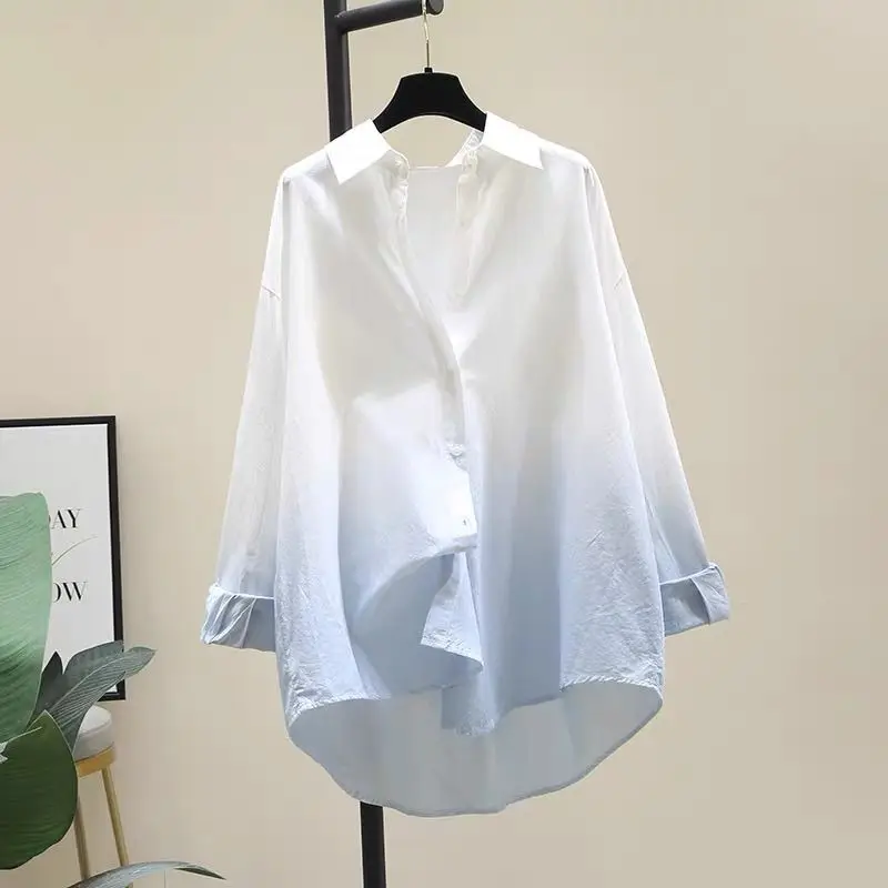 

100% Pure Cotton Gradient Long Sleeved Shirt Spring Autumn New Casual Loose Loose Blouse Tops Commuting Trendy Clothes for Women