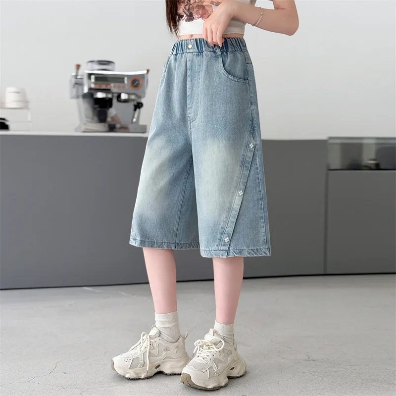 Summer Girls Fashion Denim Shorts with Pearl for Kids Casual Knee Length Denim Pants Tween Children Elegant Blue Hot Deals Jeans