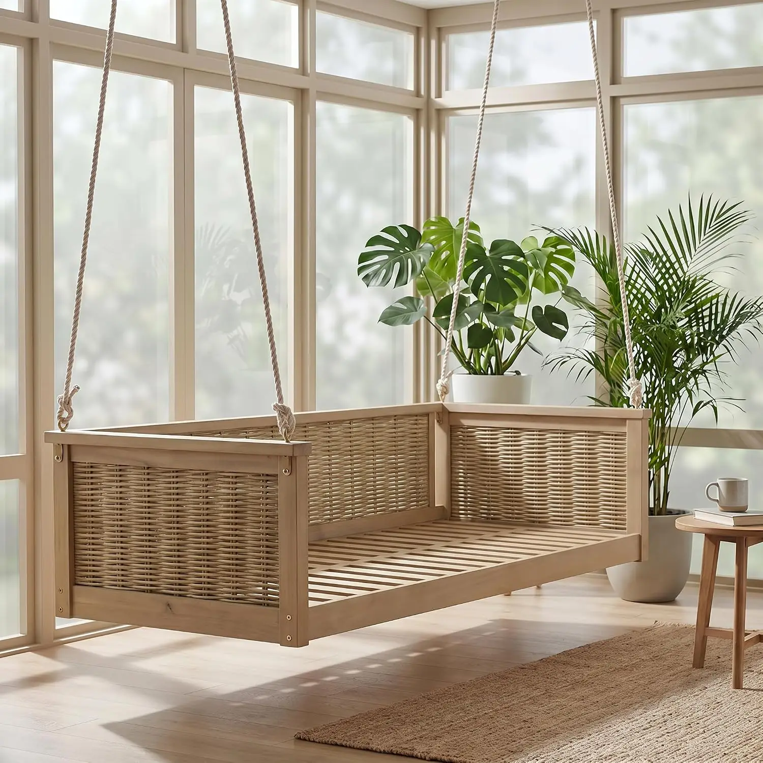 Solid Wood Twin-Size Outdoor Swing Bed with Hanging Ropes 1